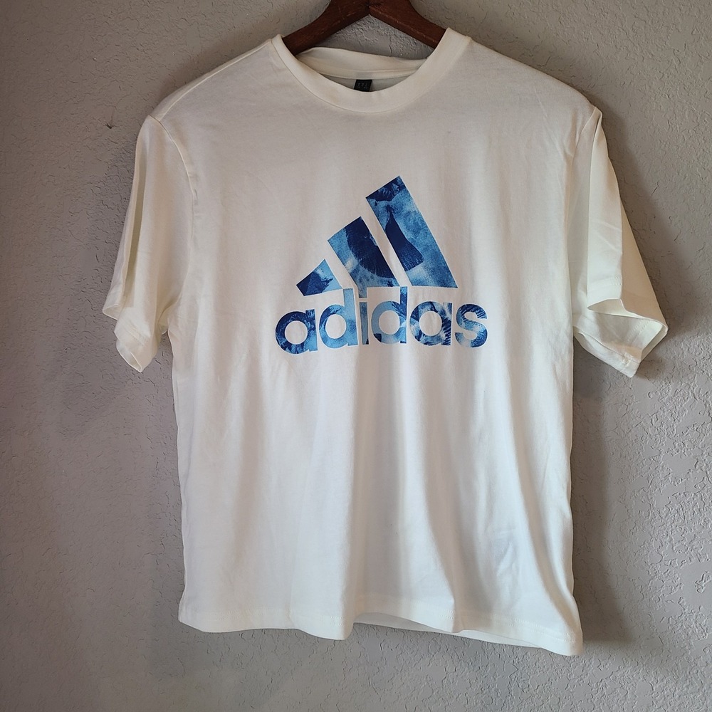 Adidas Womens Medium Shirt Blue TIE DYE‎ 3 stripe Logo Graphic Tee Off White